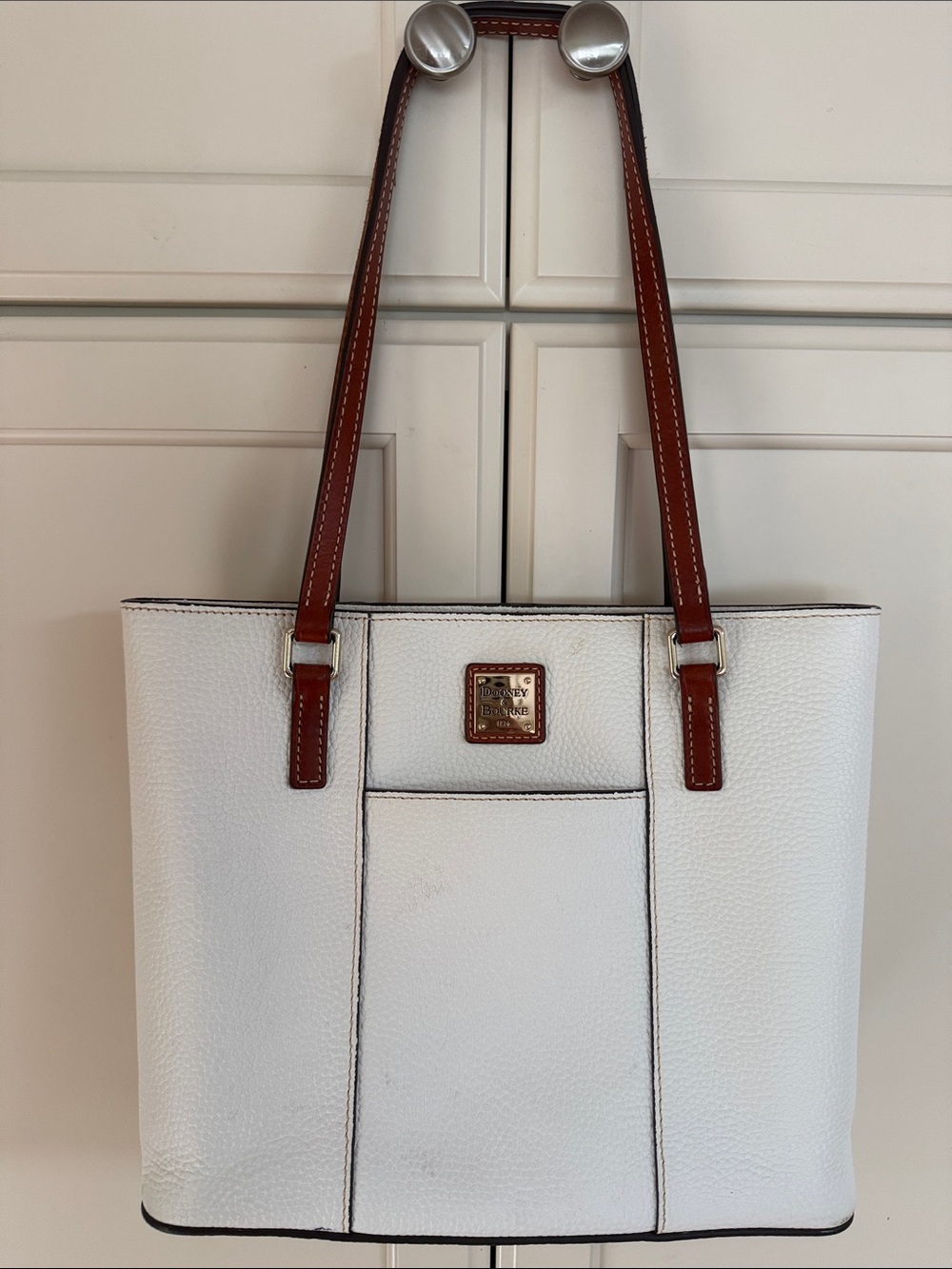 Dooney & Bourke White Pebbled Leather Tote with Brown Straps 12”x 10”